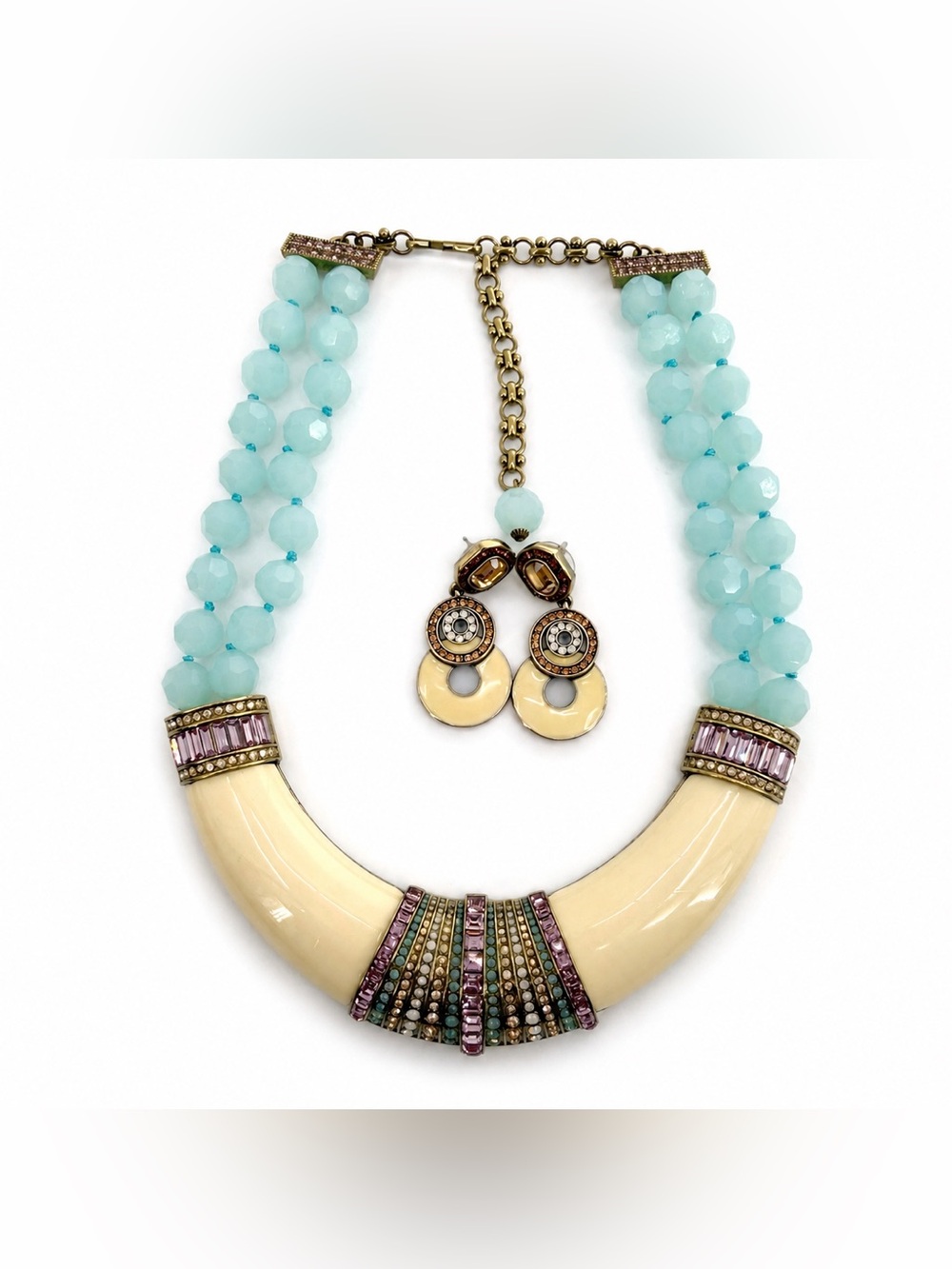 Heidi Daus Aqua Crystal Statement Necklace & Earrings Set Bold Glam Jewelry - Picture 5 of 17